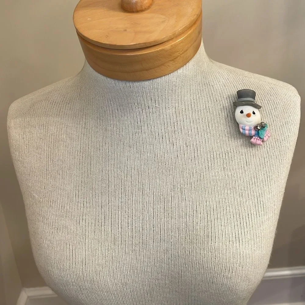 Vintage Precious Moments Snowman Figurine with Pink and Blue Scarf Holiday Pin